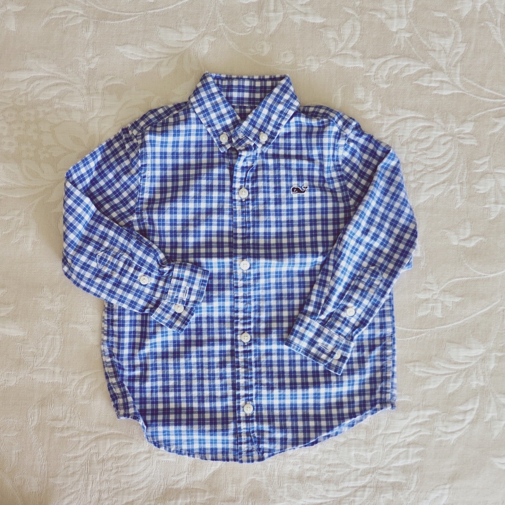 Vineyard Vines blue and white plaid dress shirt Size 2T 100% cotton